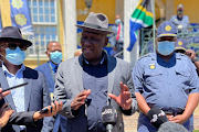 Police minister Bheki Cele addresses the media at the Castle of Good Hope on February 10 2022 after urging hundreds of police officers to 'protect South Africans' when they are deployed for Sona.