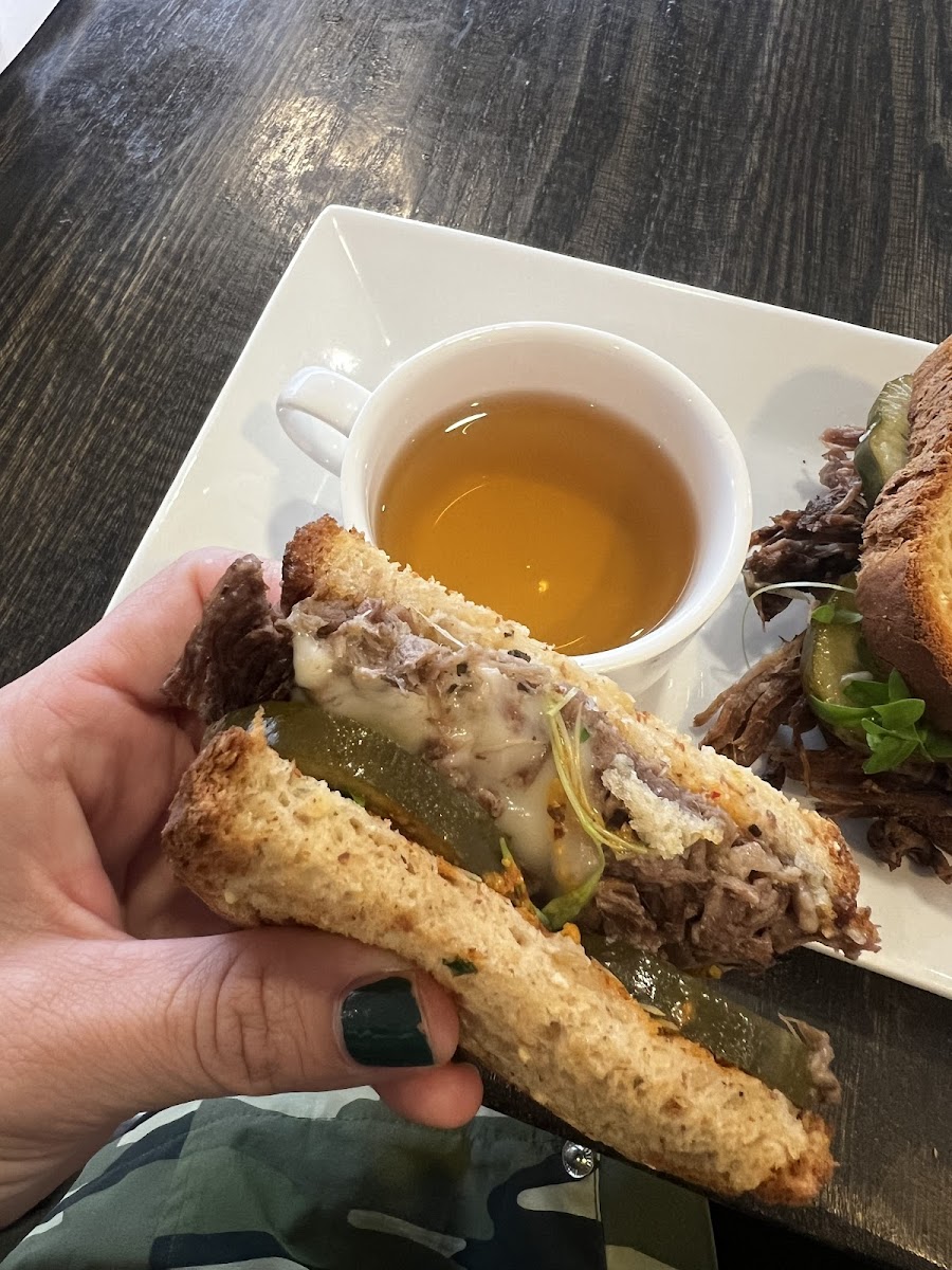 Gf roast beef and cheddar with beef bone broth to dip
