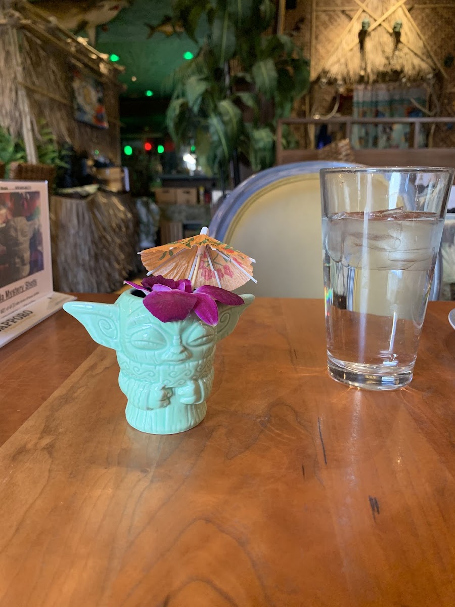 baby yoda shot glass! (costs $20 with drink)