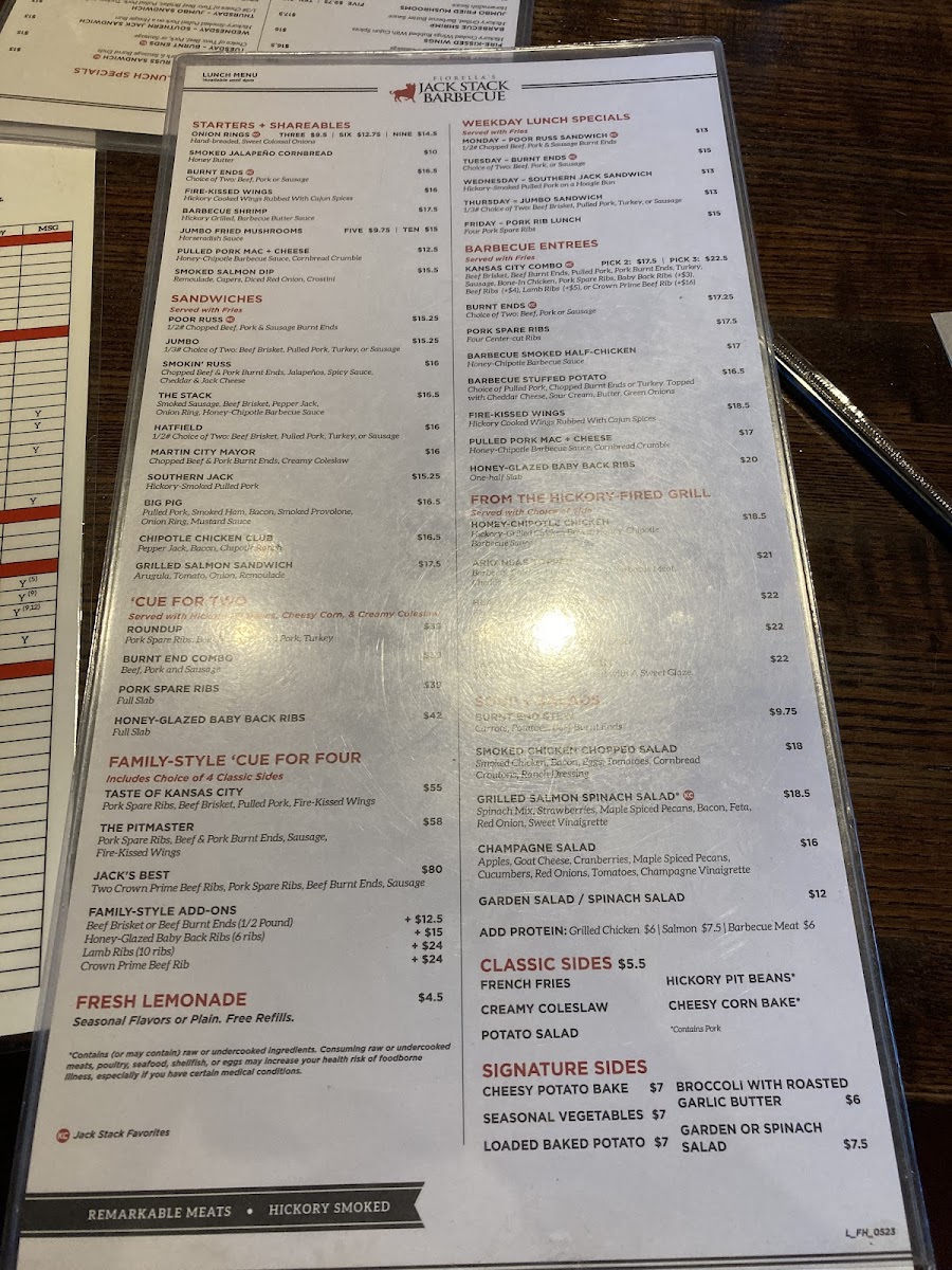 Jack Stack Barbecue gluten-free menu