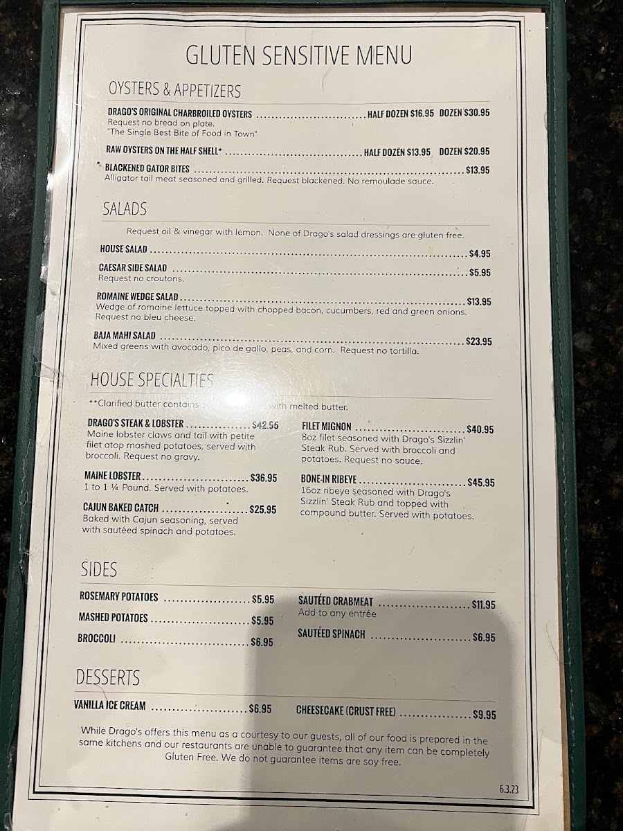 Drago's Seafood Restaurant gluten-free menu