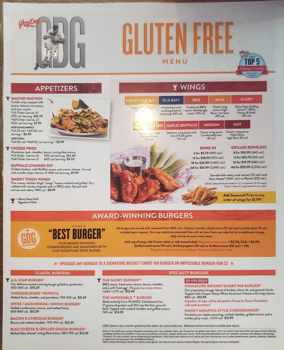 Glory Days Grill gluten-free menu