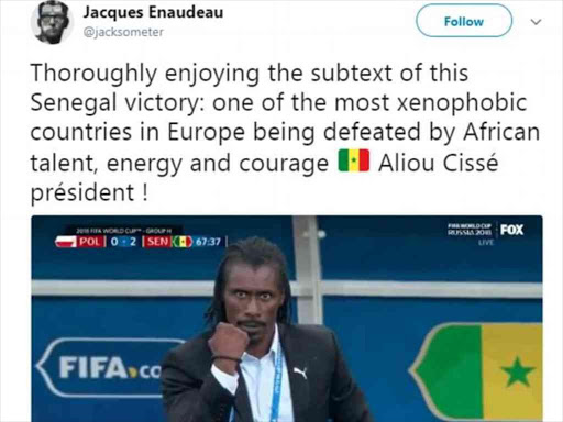 Senegal's coach Aliou Cisse celebrates goals against Poland during the World Cup, June 19, 2018. /COURTESY/VIA DAILY MAIL