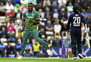 HOWZIT, ROY: Proteas' fast bowler Kagiso Rabada celebrates after taking the wicket of England's Jason Roy during Saturday's second ODI match at The Ageas Bowl in Southampton, England.