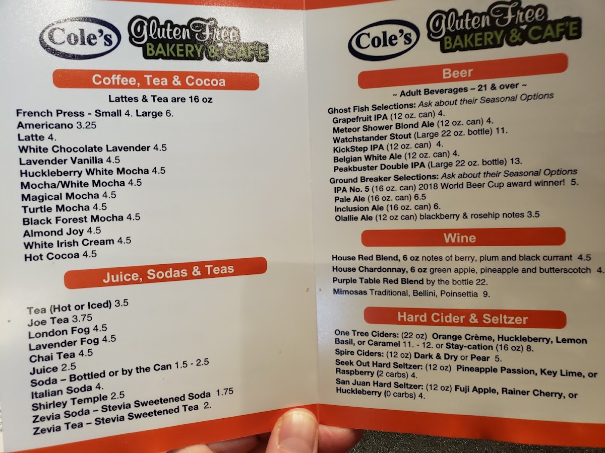 Cole's Bakery & Cafe gluten-free menu