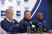 Coach Gavin Hunt of Wits with CEO Jose Ferreira and George Mokgotsi of Wits during the Bidvest Wits press conference and kit launch at Wits Sports Conference Centre, Sturrock Park on August 01, 2017 in Johannesburg, South Africa.