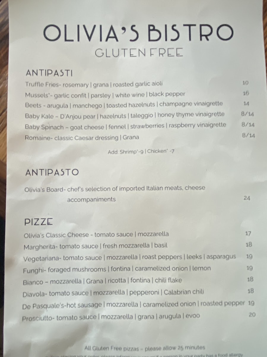 Olivia's Bistro gluten-free menu