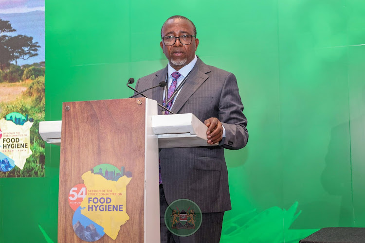 Agriculture CS Mithika Linturi giving his public address during the 54th Codex Committee on Food Hygiene by Kenya on March 11,2024