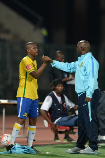Pitso Mosimane and Lebogang Mokoena during the Absa Premiership match between Mamelodi Sundowns and Chippa United at Lucas Moripe Stadium . Picture Credit: Gallo Images