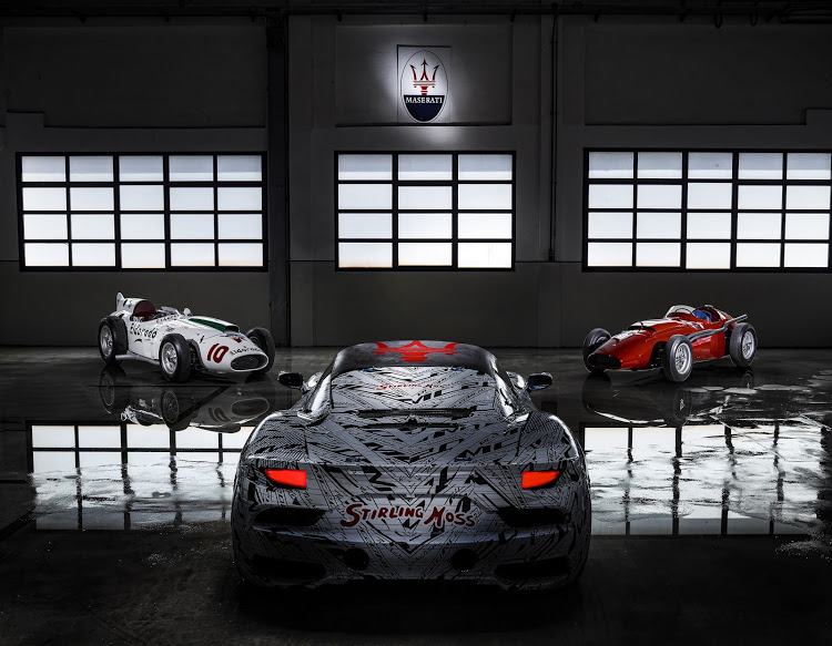 The new Maserati MC20 electric concept car that’s being readied to honour the late British racer Stirling Moss with the Maserati Eldorado (white) and the 250F (red) that he also raced.