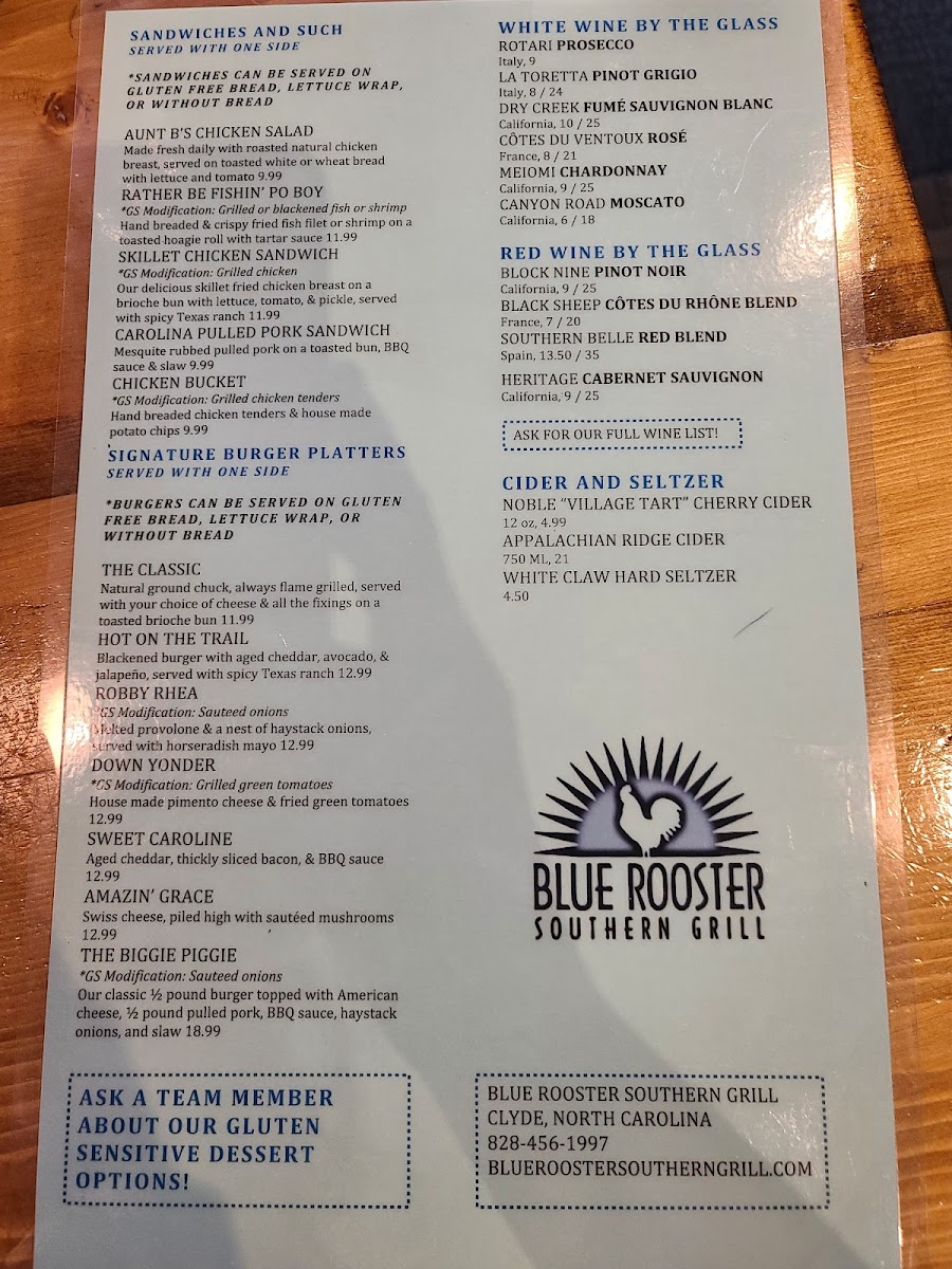 Blue Rooster Southern Grill gluten-free menu