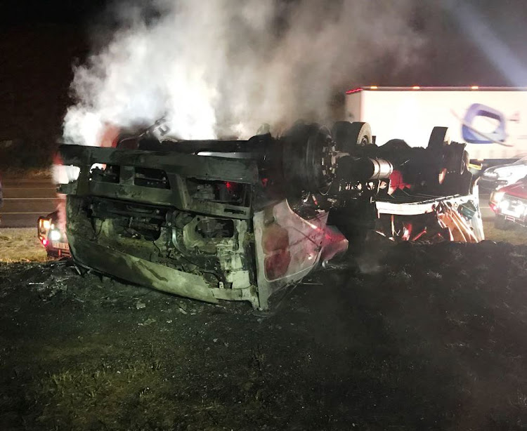 Two vehicles, a truck and a car collided on the N4 between the Brits tollgate and the Hornsnek off-ramp. The truck overturned and caught fire after leaving the road on 20 October 2017,