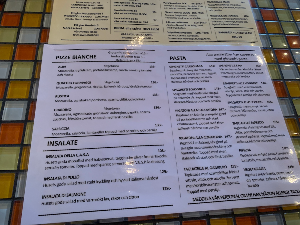 V.E.S.P.A gluten-free menu