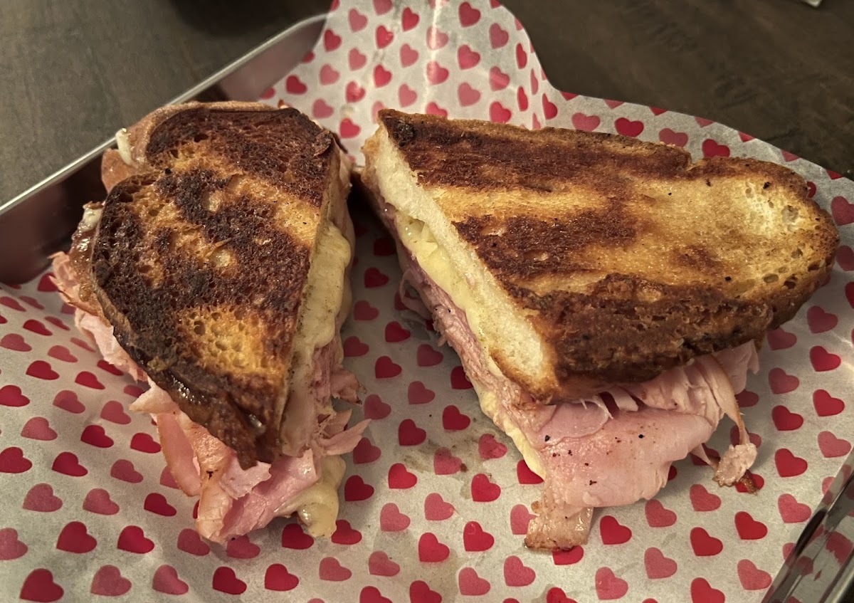 Grilled ham and cheese sandwich on GF bread