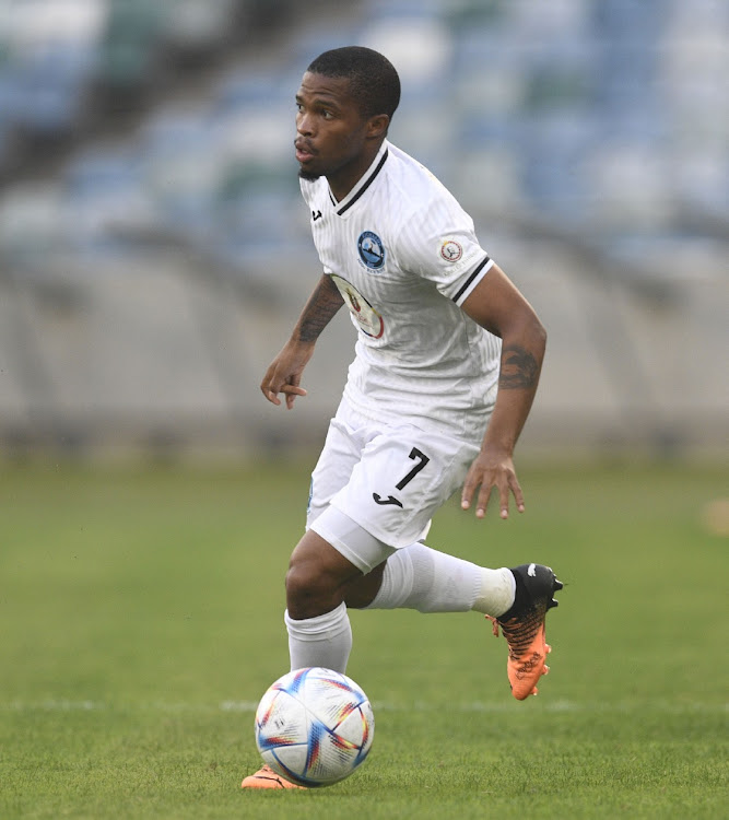 Siyanda Msani of Richards Bay FC during DStv Premiership 2022/23 match between AmaZulu FC and Richards Bay FC at Moses Mabhida Stadium on the 05 October 2022.