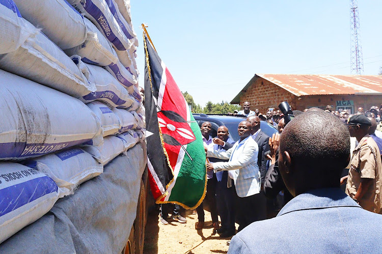 Agriculture PS Paul Ronoh assessing fertiliser distribution in Nandi County on March 13,2024.