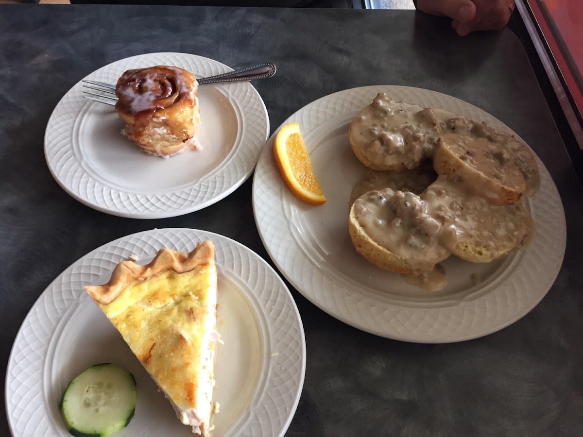 Cinnamon roll - bacon egg cheese quiche - biscuits and gravy!