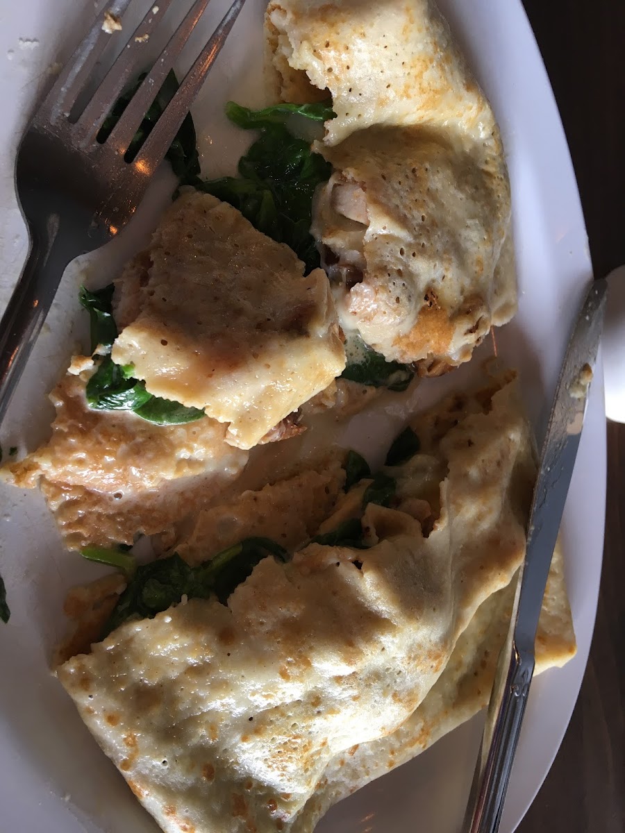 GF crepe with smoked chicken, cheese, spinach and a homemade dijon sauce.  Crepe melts in your mouth
