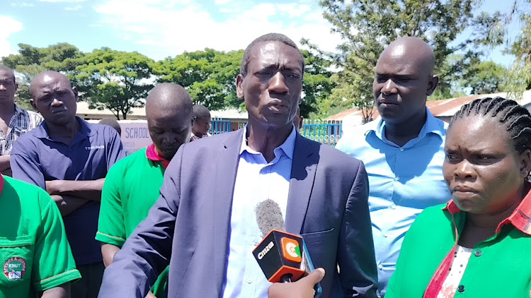 Knut secretary General Colins Oyuu at Nyamasao Primary school in Nyando, Kisumu county when he visited various schools to inspect their conditions on Thursday, may 9, 2024.