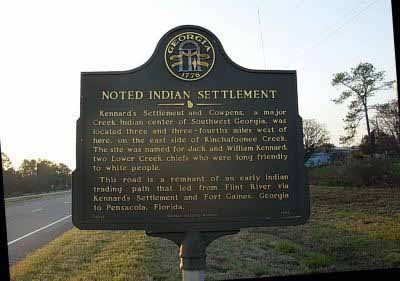 Kennard´s Settlement and Cowpens, a major Creek Indian center of Southwest Georgia, was located three and three-fourths miles west of here, on the east side of Kinchafoonee Creek. The site was...