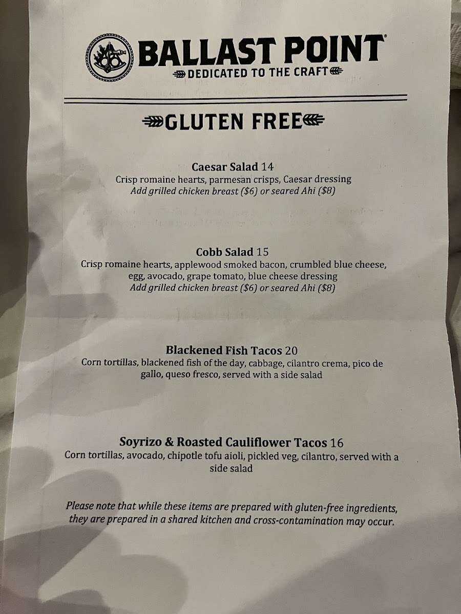 Ballast Point Brewing gluten-free menu