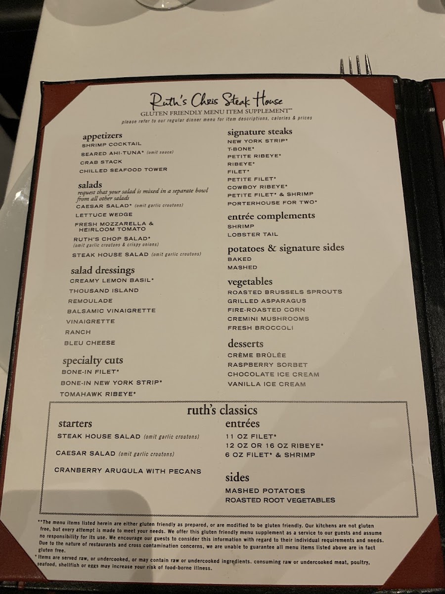 Ruth's Chris Steak House gluten-free menu