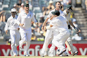 GOT HIM: Proteas bowler Dale Steyn celebrates dismissing Michael Hussey during day four of the third test match between Australia and South Africa at the WACA in Perth. South Africa went on to win the series 1-0 to retain their No1 spot