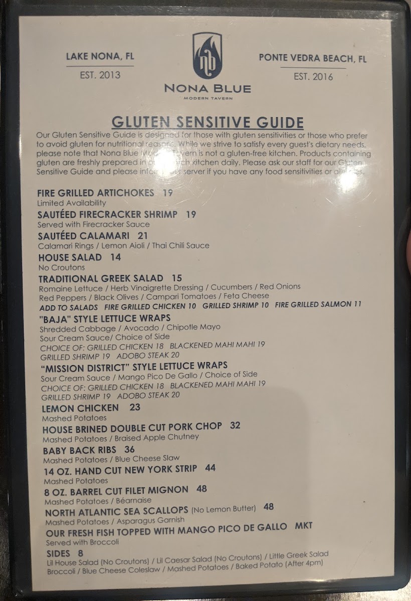 Nona Blue Modern Tavern gluten-free menu
