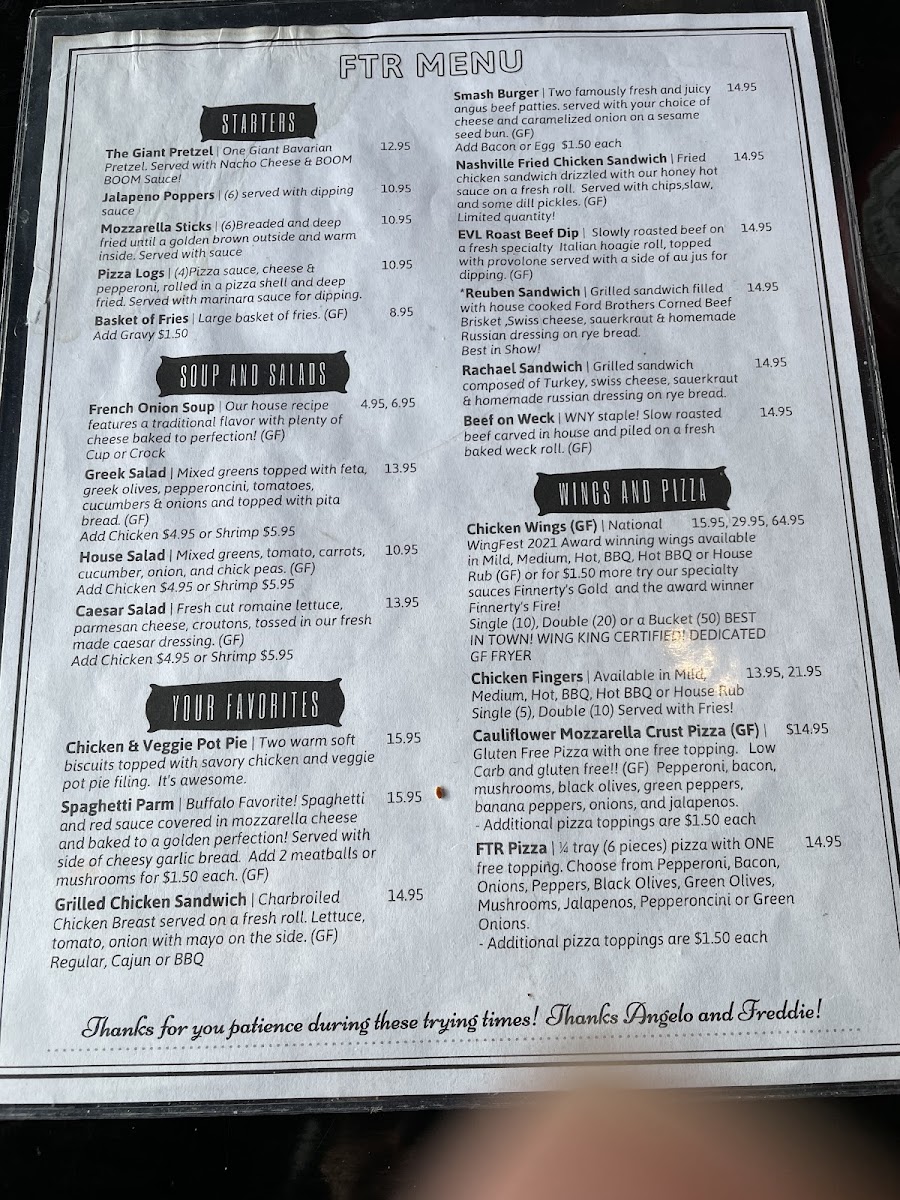 Finnerty's Tap Room gluten-free menu