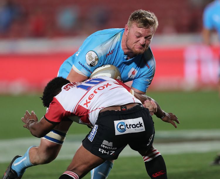 The Blue Bulls loose forward Jano Venter power through a tackle during the Currie Cup match against the Golden Lions at Emirates Airline Park in Johannesburg.