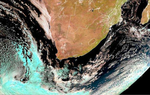 THE TEMPEST: A powerful storm heading for the Cape in a satellite picture shot at 11am yesterday. Schools have been closed today and people have been warned to stay indoors and off the roads. Image by: EUMETSAT