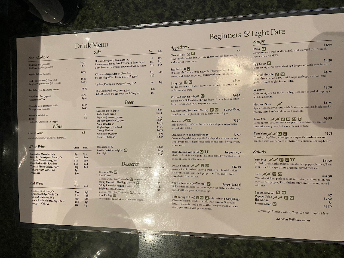 Ka-Prow Thai and Sushi Bistro gluten-free menu