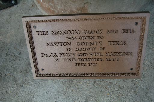 This memorial clock and bell was given to Newton County, Texas. In memory of Dr. J.S. Peavy and wife Maryann by their daughter Alice. July 1929.