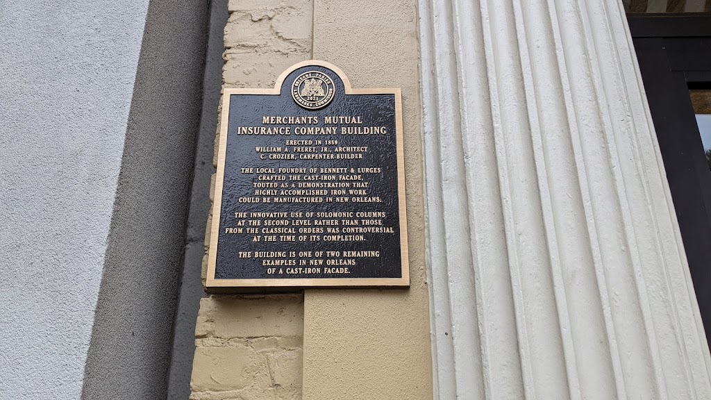 MERCHANTS MUTUAL INSURANCE COMPANY BUILDING   ERECTED IN 1859   WILLIAM A. FRERET, JR., ARCHITECT   C. CROZIER, CARPENTER-BUILDER   THE LOCAL FOUNDRY OF BENNETT & LURGES CRAFTED THE CAST-IRON FACADE, ...