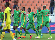 Khama Billiat of Zimbabwe celebrates goal with teammates scoring a penalty during the 2018 COSAFA Cup final match between Zambia and Zimbabwe at Peter Mokaba Stadiuml, Polokwane on 09 June 2018. 

