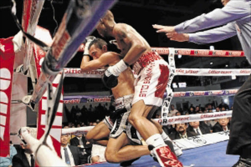 TIMBER!: Zolani 'Last Born' Tete pulverises Julio Sanchez Jnr into submission in the 10th round to earn the right to challenge IBF junior-bantamweight champion Daiki Kameda Photo: Supplied