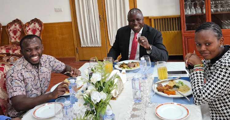 Engineer Jamlick Kariuki, Ambassador Willy Bett and KESCA president Wambui Kiarie during a reception at the embassy on February 8, 2024