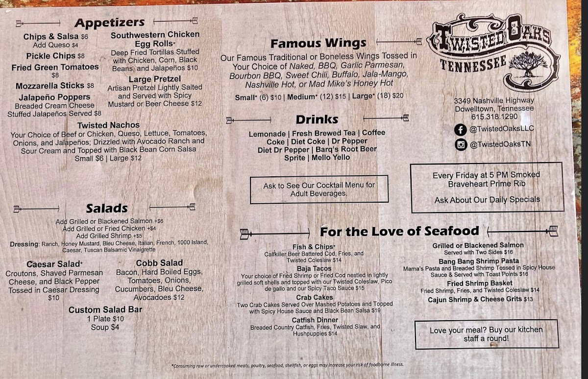 Twisted Oaks gluten-free menu