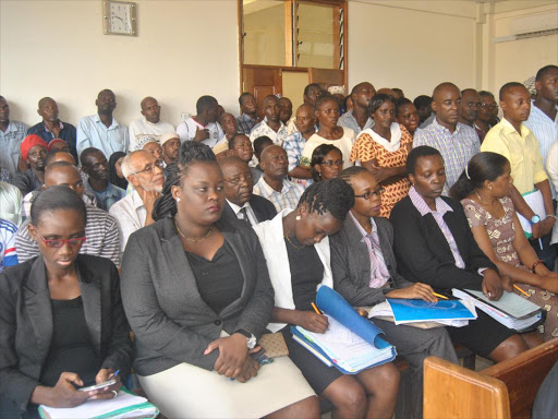 The packed court room at the Lands And environment court in Malindi during the mention of the Multi billion Wind Energy project of Baharini in Mpeketoni Lamu county.