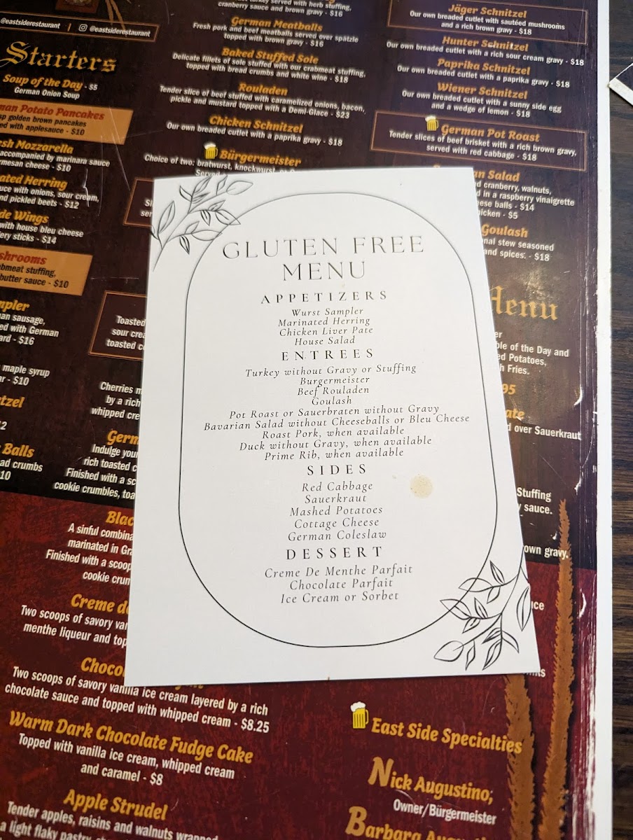 East Side Restaurant gluten-free menu