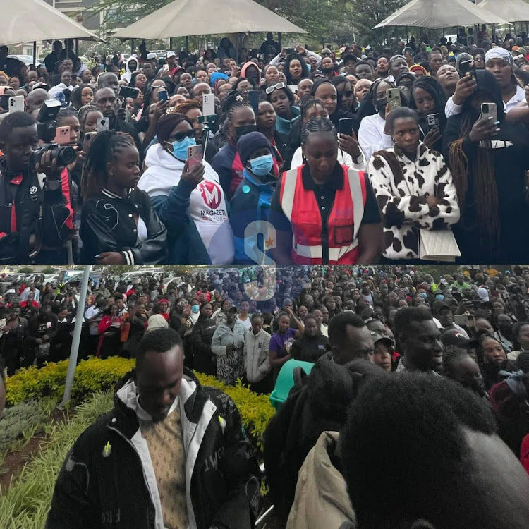 Hundreds of mourners who turned up for collection of the body of TikToker Brian Chira from the Kenyatta University mortuary for burial at the family home in Gathanje, Ingitei village, Githunguri in Kiambu County, March 26, 2024.