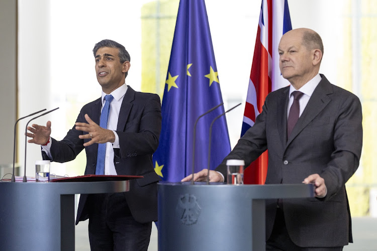 German Chancellor Olaf Scholz, right, and British Prime Minister Rishi Sunak attend a press conference at the chancellery in Berlin, Germany, April 24 2024. Picture: Maja Hitij/Getty Images