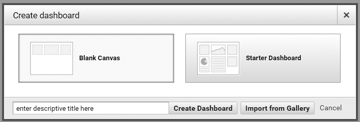 Screen shot of + New Dashboard link and Create New Dashboard dialog.