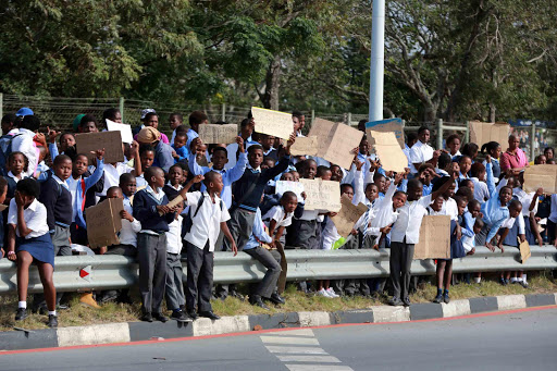 TAKE US TO SCHOOL: Children from Nkwezana Primary School hold up placards during a protest at the N6 traffic circle. Hundreds of children have been left stranded without transport to their school in Chintsa Picture: ALAN EASON