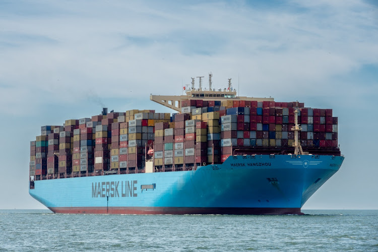 Container vessel Maersk Hangzhou sails in the Wielingen channel, Westerschelde, Netherlands. Picture: RENE VAN QEUKELBERGHE/HANDOUT via REUTERS