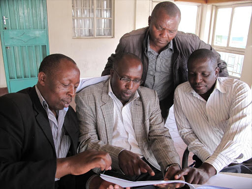 Former Councilor David Kinyanjui, then Nakuru Majority Leader Samuel Waithuki, then Githabai MCA Peter Kairu and then Magumu MCA Peter Githinji prepare to address the media on the proposed Kinangop Wind Park project, March 3, 2015. /FILE