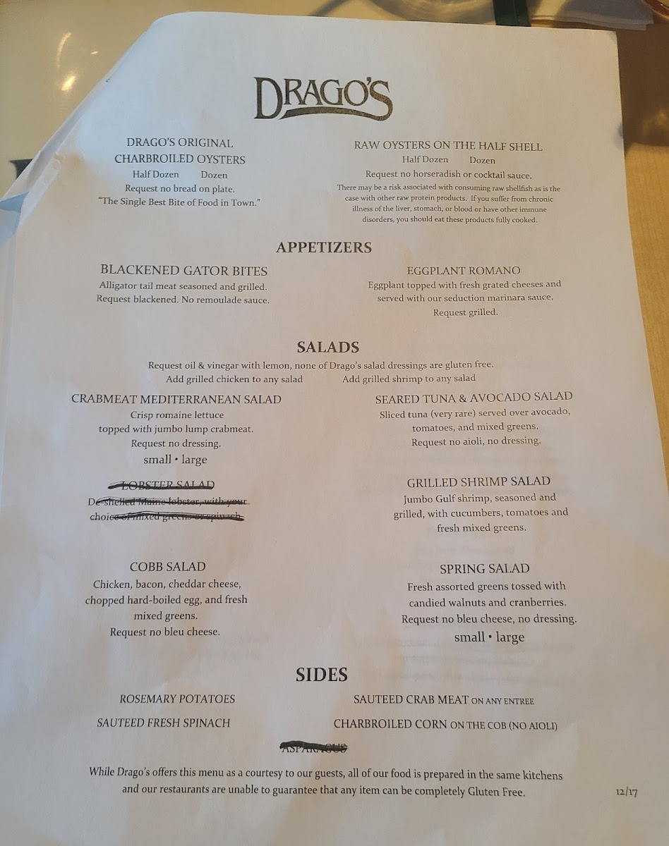 Drago's Seafood Restaurant gluten-free menu