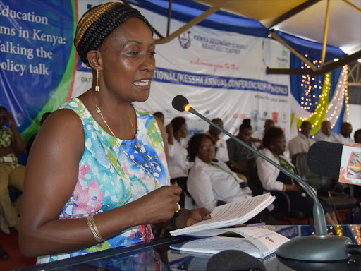 TSC CEO Nancy Macharia address Head Teachers and delegates at Wild Waters during the 42nd Kenya Secondary Schools Heads Association annual conference being held in Mombasa. /JOHN CHESOLI