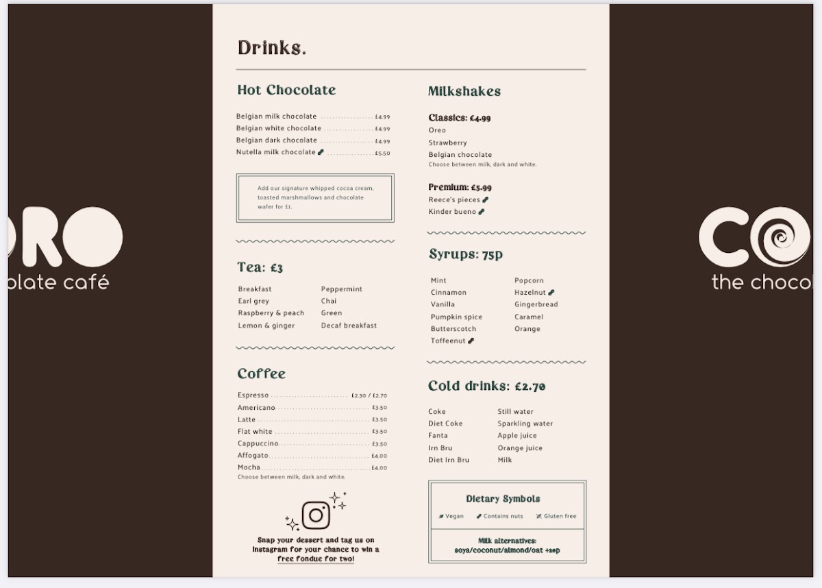 Coro the Chocolate Cafe gluten-free menu