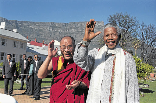 Former president Nelson Mandela and the Dalai Lama at parliament in Cape Town, August 1996.